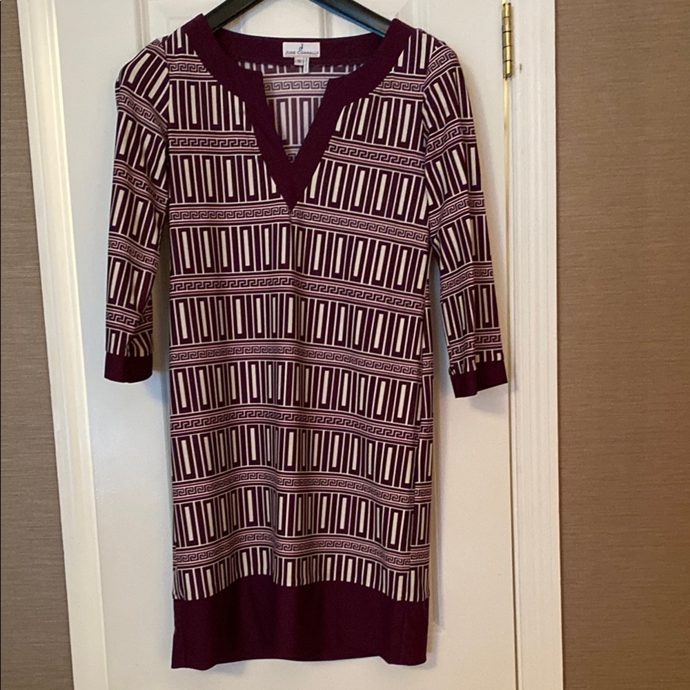 Jude Connally Geometric Patterned Dress in Burgundy and White